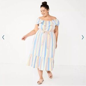 NEW DRAPER JAMES RSVP Off Shoulder Ruffle Sleeve Striped Midi Dress Size 3X